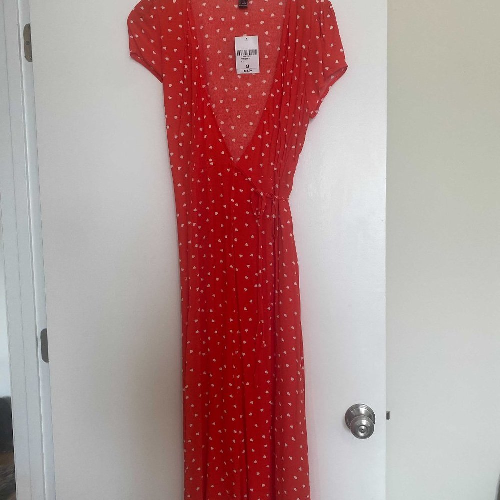 Wrap Dress, front tie, red with white hearts